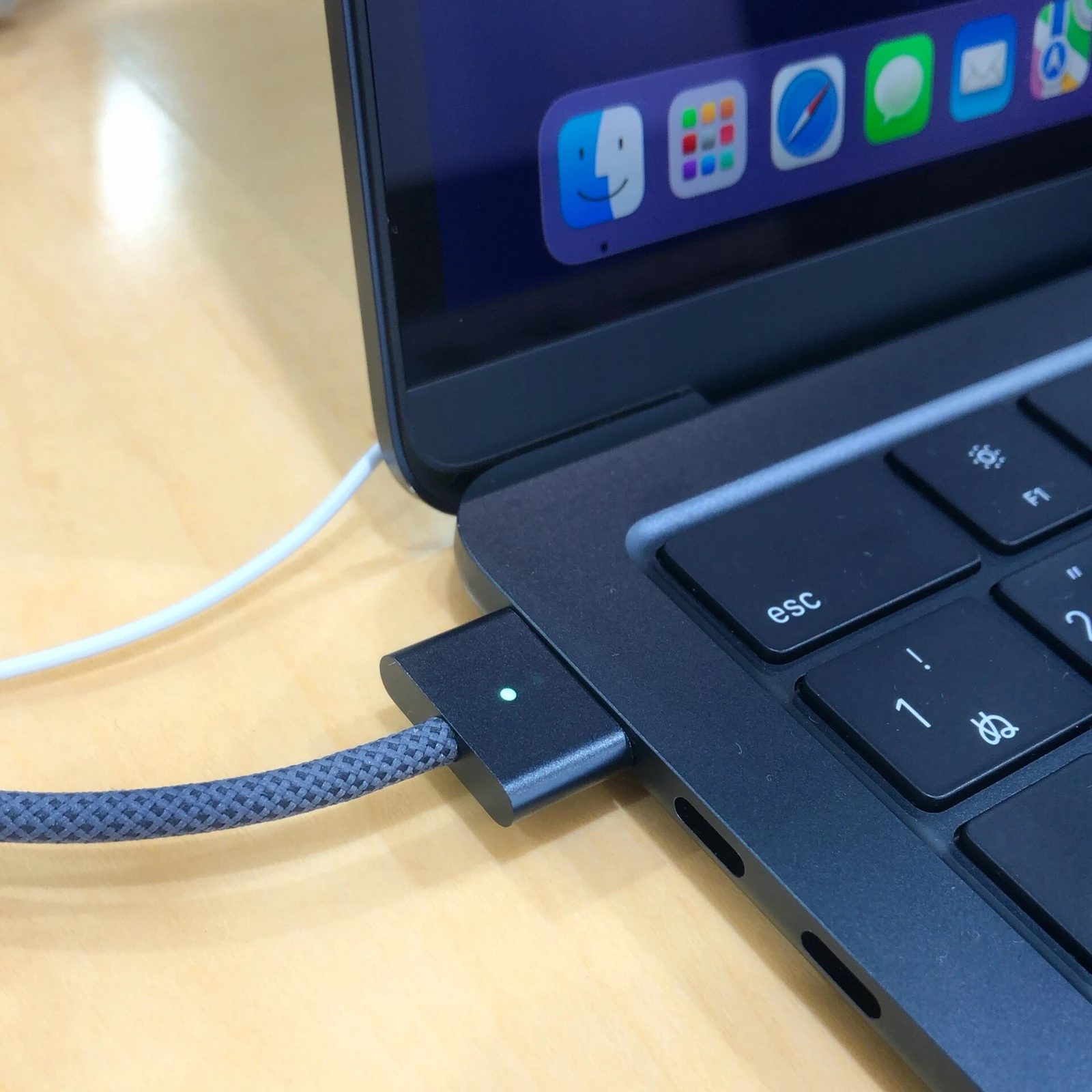 A close look at the MagSafe charging connection.